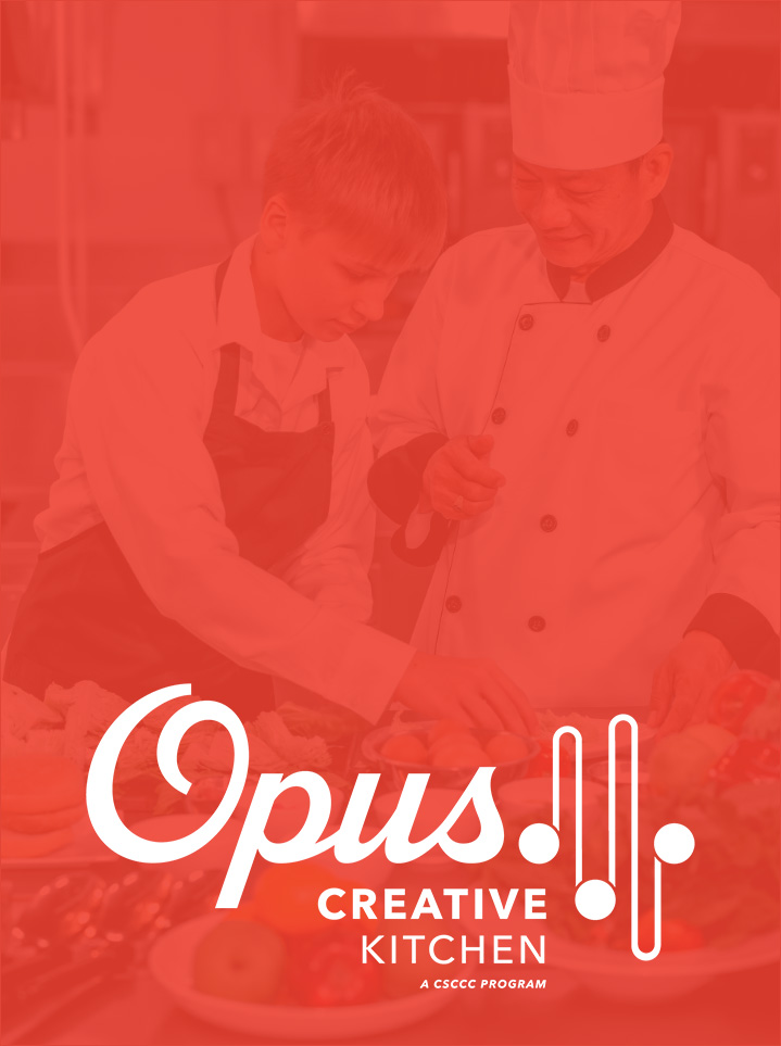 Culinary kitchen with chef and student plating with orange overlay nad Opus white logo